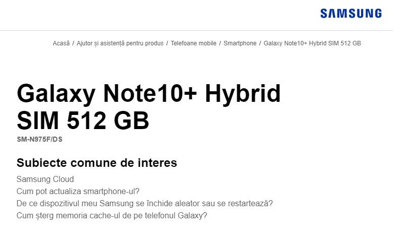 Samsung support page confirm the Galaxy Note 10+